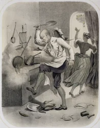 Woede in de keuken, uit een serie prenten die de zeven hoofdzonden uitbeelden, ca. 1850